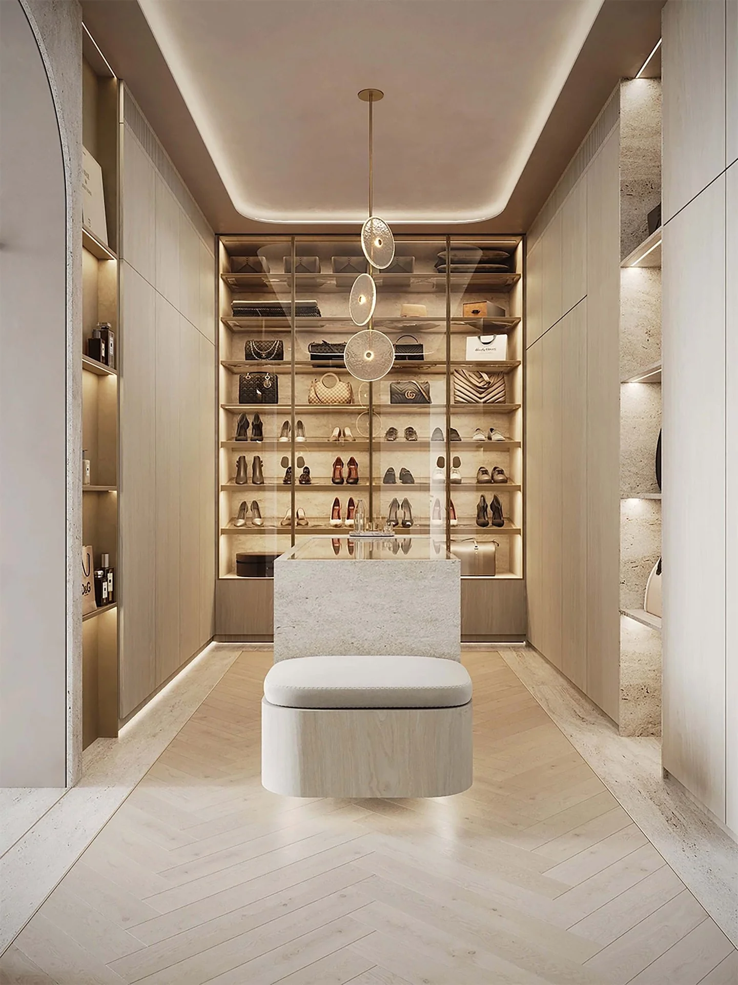 Luxury walk-in wardrobe with bespoke shelving