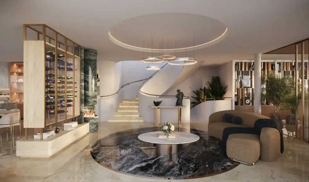 Wine cellar and sculptural staircase